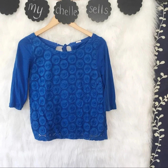 J. Crew 3/4 Sleeve Circle Eyelet‎ Top Cobalt Blue - Picture 1 of 3